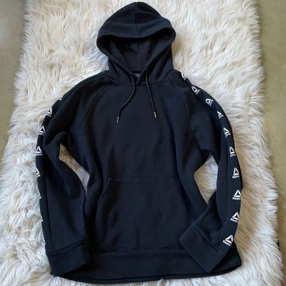 Men’s Reebok Black Pullover Hoodie with Logos and Kangaroo Pocket (Medium) - Picture 4 of 16